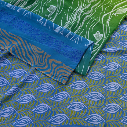 Vintage Sari Blue & Green 100% Pure Georgette Silk Printed Saree Sewing 6yd Craft Soft Dress Designing for Crafting Abstract