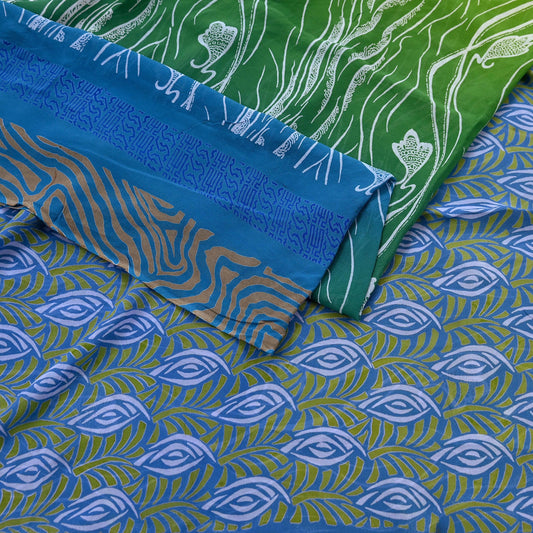 Vintage Sari Blue & Green 100% Pure Georgette Silk Printed Saree Sewing 6yd Craft Soft Dress Designing for Crafting Abstract