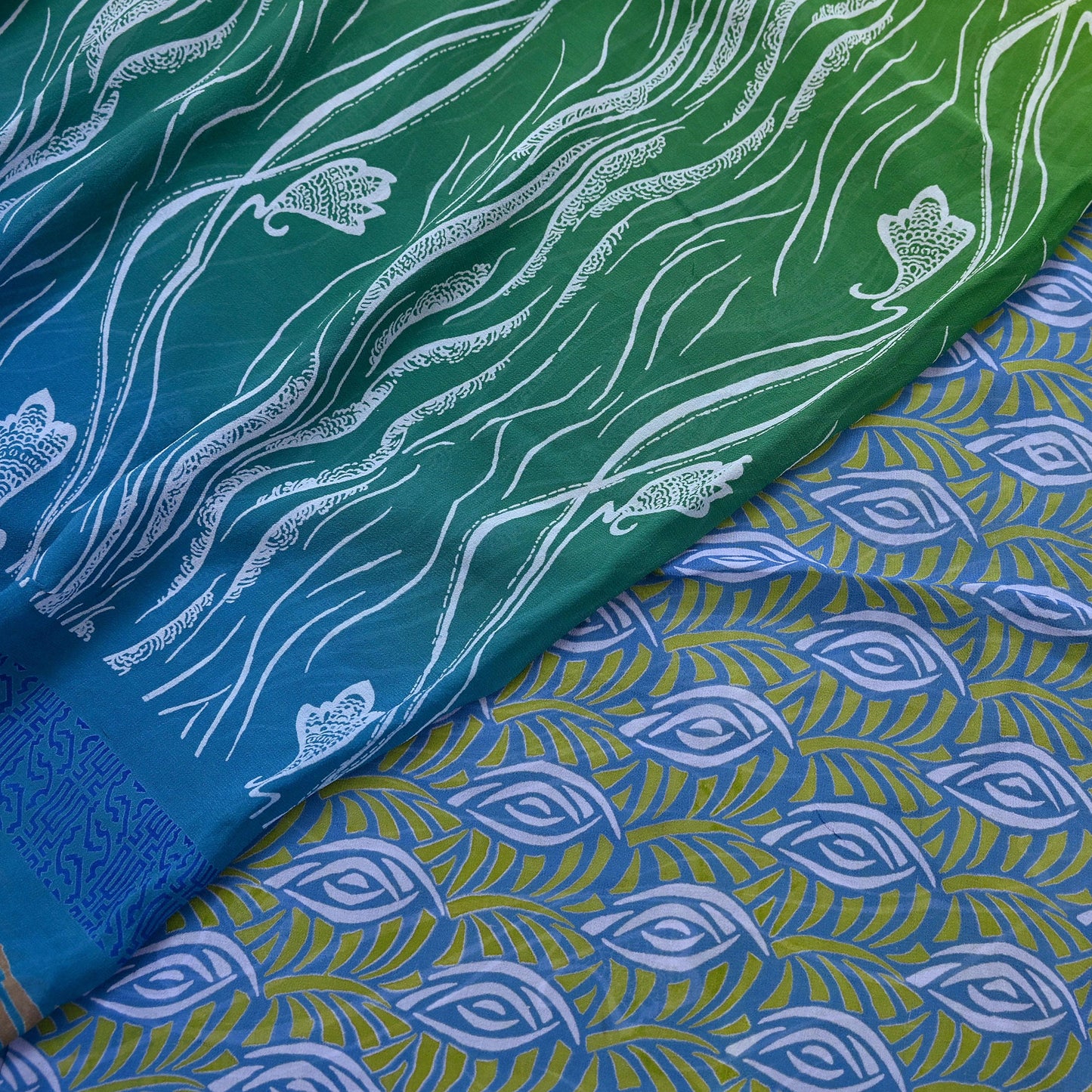 Vintage Sari Blue & Green 100% Pure Georgette Silk Printed Saree Sewing 6yd Craft Soft Dress Designing for Crafting Abstract