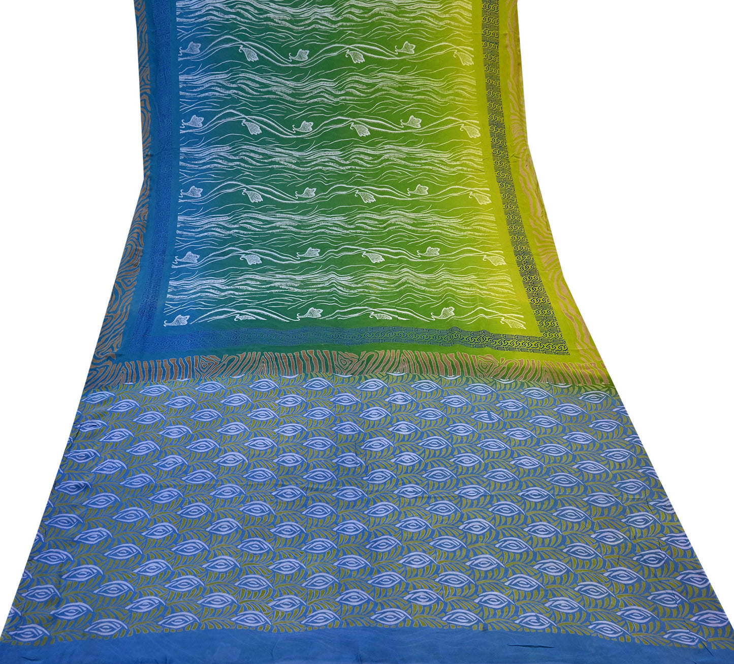 Vintage Sari Blue & Green 100% Pure Georgette Silk Printed Saree Sewing 6yd Craft Soft Dress Designing for Crafting Abstract