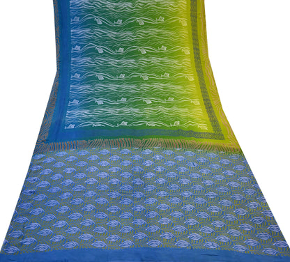 Vintage Sari Blue & Green 100% Pure Georgette Silk Printed Saree Sewing 6yd Craft Soft Dress Designing for Crafting Abstract
