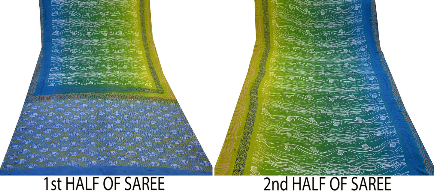 Vintage Sari Blue & Green 100% Pure Georgette Silk Printed Saree Sewing 6yd Craft Soft Dress Designing for Crafting Abstract