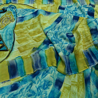 Indian Vintage Sari Blue & Green 100% Pure Georgette Silk Printed Sarees Sewing 6yd Craft Soft Dress Designing for Crafting Abstract
