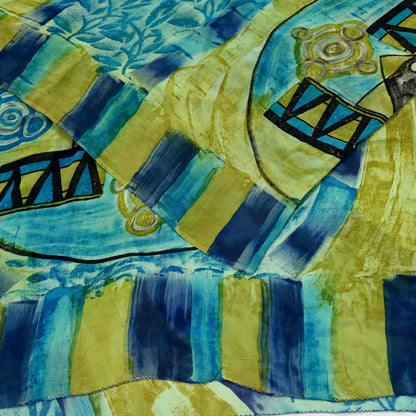 Indian Vintage Sari Blue & Green 100% Pure Georgette Silk Printed Sarees Sewing 6yd Craft Soft Dress Designing for Crafting Abstract