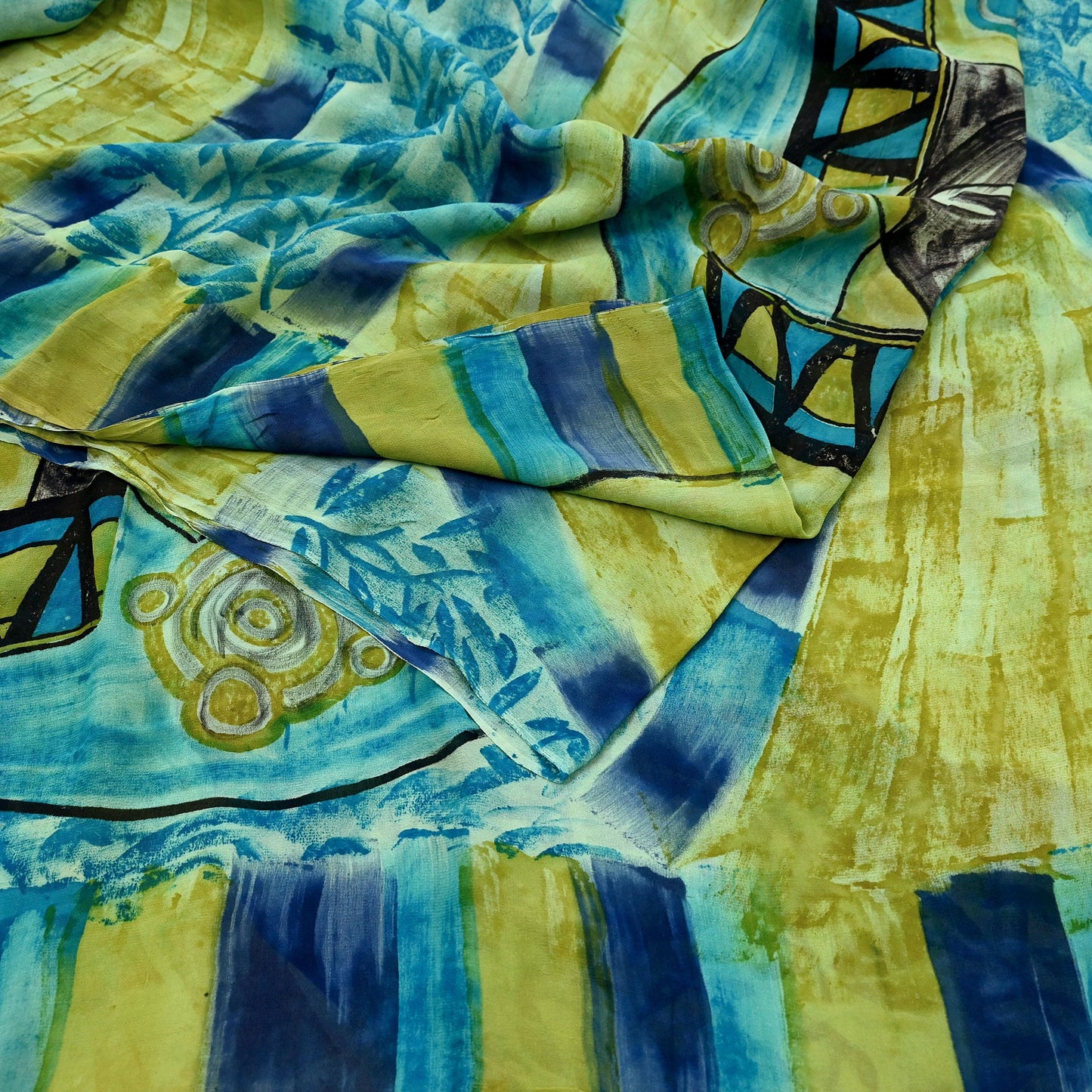 Indian Vintage Sari Blue & Green 100% Pure Georgette Silk Printed Sarees Sewing 6yd Craft Soft Dress Designing for Crafting Abstract