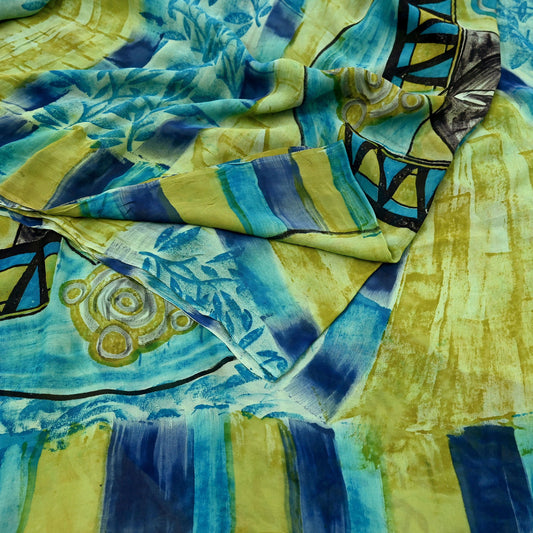 Indian Vintage Sari Blue & Green 100% Pure Georgette Silk Printed Sarees Sewing 6yd Craft Soft Dress Designing for Crafting Abstract