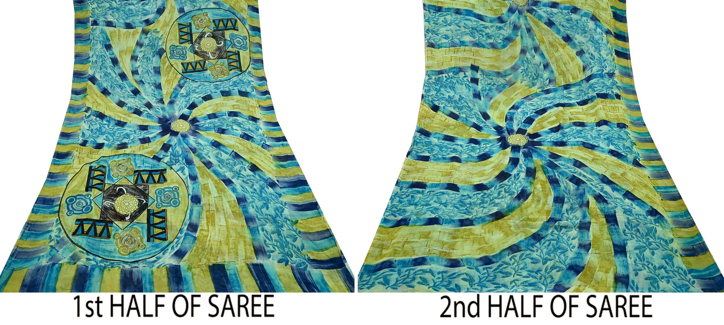 Indian Vintage Sari Blue & Green 100% Pure Georgette Silk Printed Sarees Sewing 6yd Craft Soft Dress Designing for Crafting Abstract