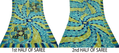 Indian Vintage Sari Blue & Green 100% Pure Georgette Silk Printed Sarees Sewing 6yd Craft Soft Dress Designing for Crafting Abstract