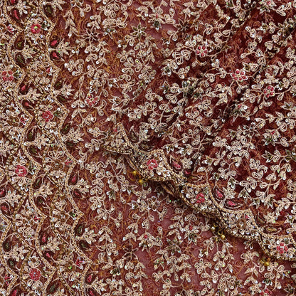 Indian Vintage Heavy Wedding Maroon Dupatta Net Mesh Long Stole Hand Embroidered Scarves Golden Zardozi Zari Sequins Dridal Veil Hijab