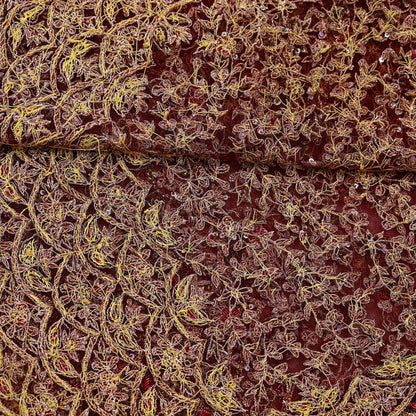 Indian Vintage Heavy Wedding Maroon Dupatta Net Mesh Long Stole Hand Embroidered Scarves Golden Zardozi Zari Sequins Dridal Veil Hijab