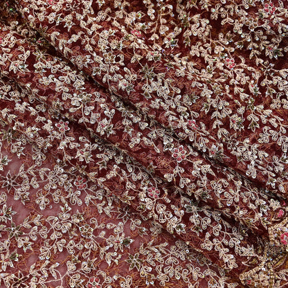 Indian Vintage Heavy Wedding Maroon Dupatta Net Mesh Long Stole Hand Embroidered Scarves Golden Zardozi Zari Sequins Dridal Veil Hijab