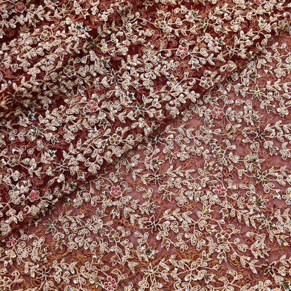 Indian Vintage Heavy Wedding Maroon Dupatta Net Mesh Long Stole Hand Embroidered Scarves Golden Zardozi Zari Sequins Dridal Veil Hijab