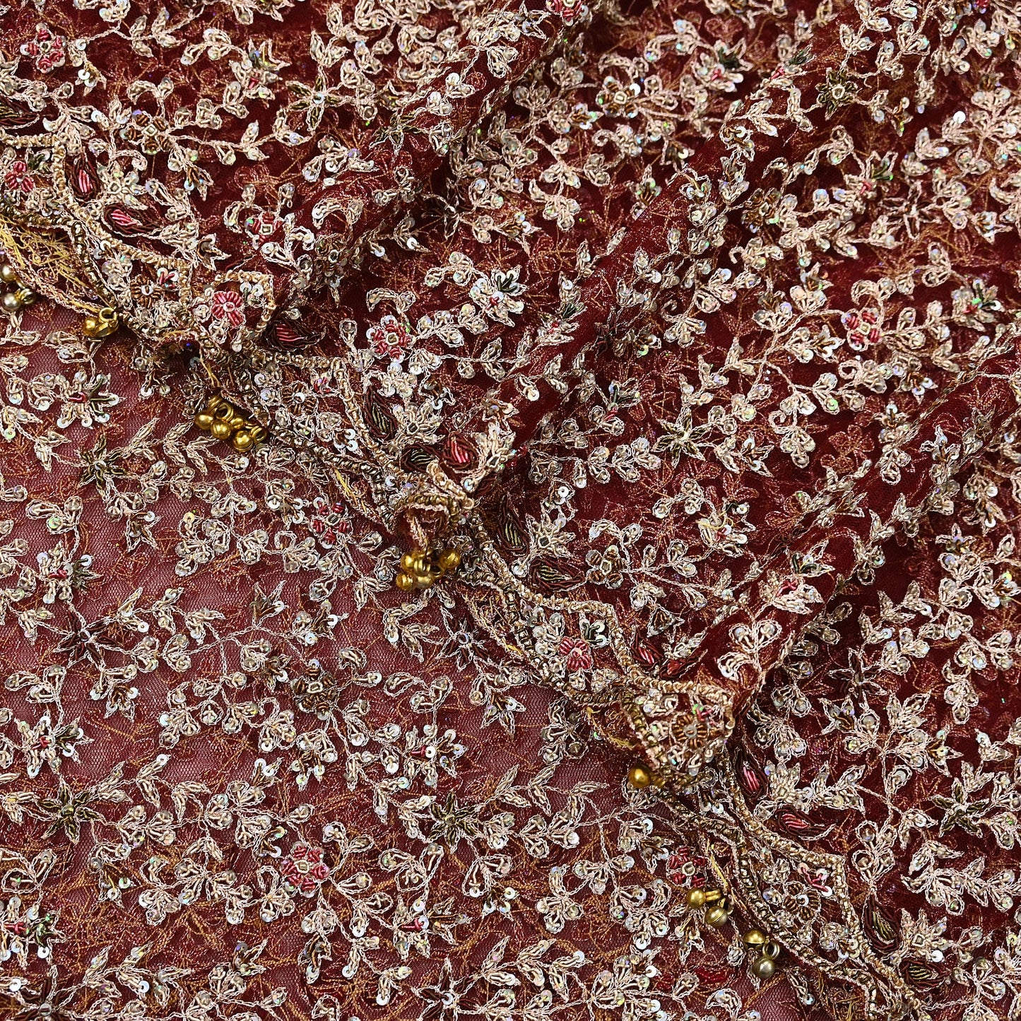 Indian Vintage Heavy Wedding Maroon Dupatta Net Mesh Long Stole Hand Embroidered Scarves Golden Zardozi Zari Sequins Dridal Veil Hijab