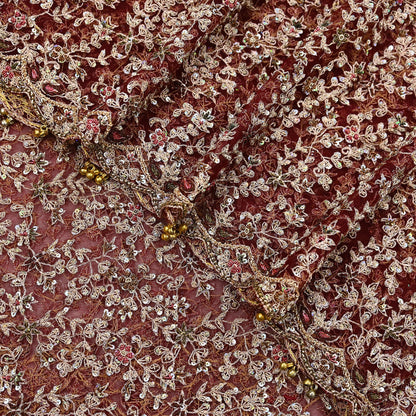 Indian Vintage Heavy Wedding Maroon Dupatta Net Mesh Long Stole Hand Embroidered Scarves Golden Zardozi Zari Sequins Dridal Veil Hijab