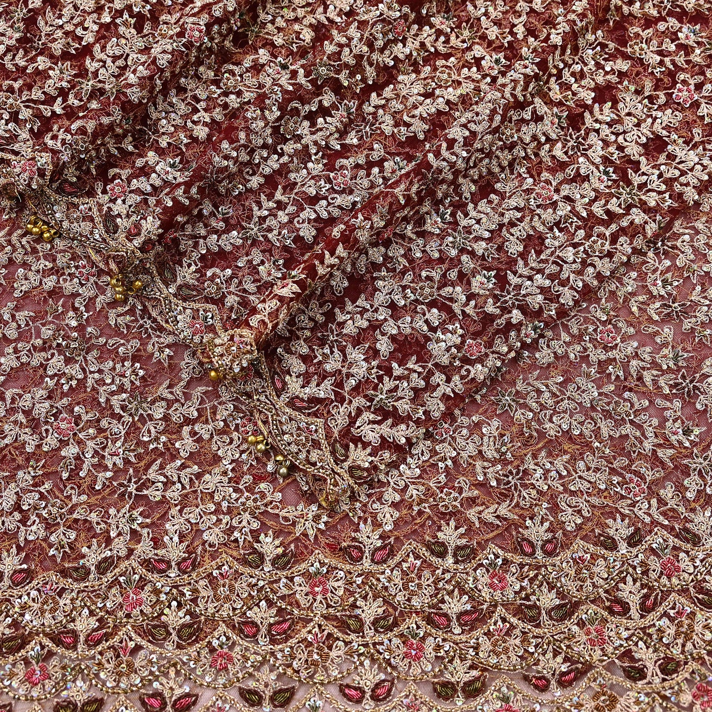 Indian Vintage Heavy Wedding Maroon Dupatta Net Mesh Long Stole Hand Embroidered Scarves Golden Zardozi Zari Sequins Dridal Veil Hijab