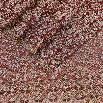 Indian Vintage Heavy Wedding Maroon Dupatta Net Mesh Long Stole Hand Embroidered Scarves Golden Zardozi Zari Sequins Dridal Veil Hijab