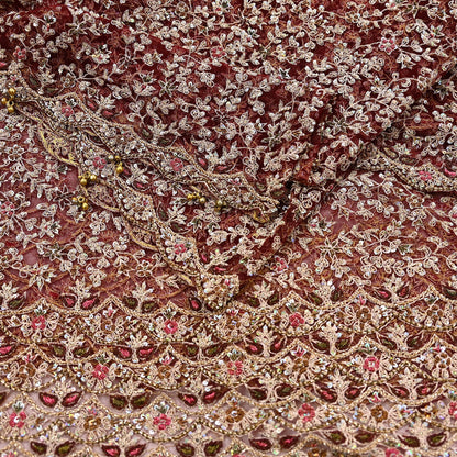 Indian Vintage Heavy Wedding Maroon Dupatta Net Mesh Long Stole Hand Embroidered Scarves Golden Zardozi Zari Sequins Dridal Veil Hijab