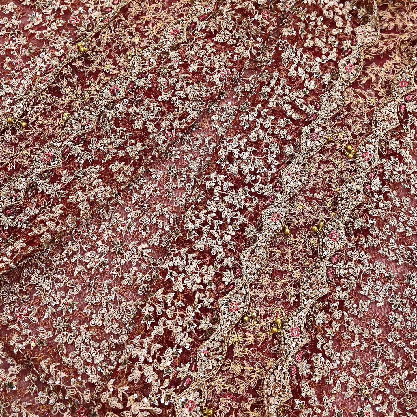 Indian Vintage Heavy Wedding Maroon Dupatta Net Mesh Long Stole Hand Embroidered Scarves Golden Zardozi Zari Sequins Dridal Veil Hijab