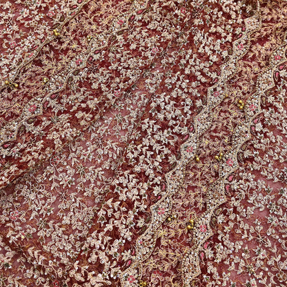 Indian Vintage Heavy Wedding Maroon Dupatta Net Mesh Long Stole Hand Embroidered Scarves Golden Zardozi Zari Sequins Dridal Veil Hijab