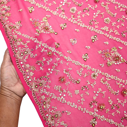 Indian Vintage Heavy Pink Bridal Dupatta Pure Georgette Silk Hand Embroidered Zardozi, Dabka, Zari Work Party Wear Long Stole