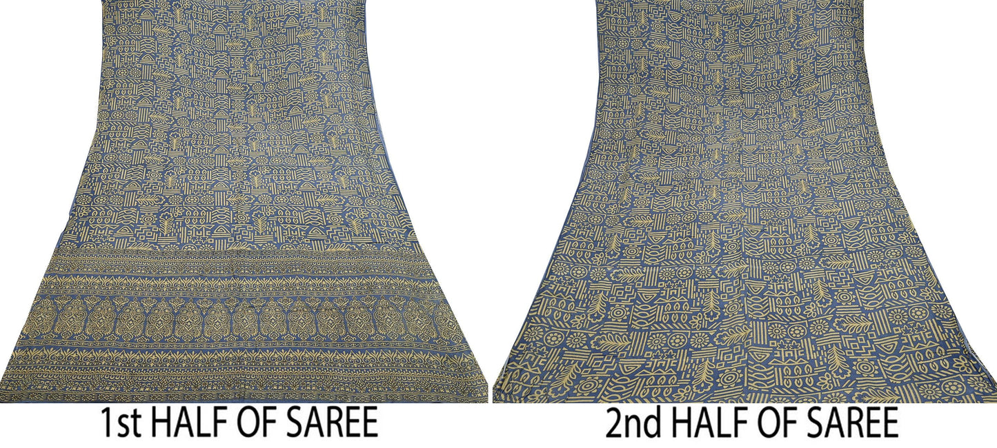 Indian Vintage Sari Beige & Gray 100% Pure Silk Printed Saree 5yd Sewing Craft Fabric Dress Making Soft Crafting Quilting Upcycle Used