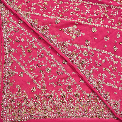 Indian Vintage Heavy Pink Bridal Dupatta Pure Georgette Silk Hand Embroidered Zardozi, Dabka, Zari Work Party Wear Long Stole