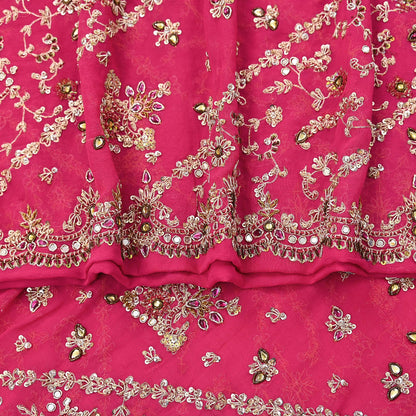 Indian Vintage Heavy Pink Bridal Dupatta Pure Georgette Silk Hand Embroidered Zardozi, Dabka, Zari Work Party Wear Long Stole