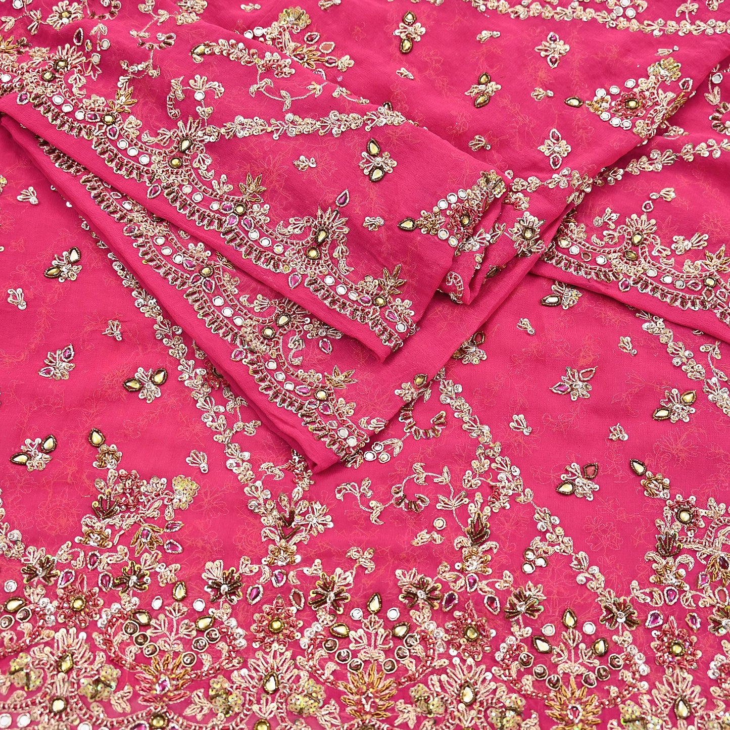 Indian Vintage Heavy Pink Bridal Dupatta Pure Georgette Silk Hand Embroidered Zardozi, Dabka, Zari Work Party Wear Long Stole