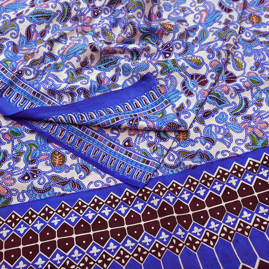 Indian Vintage Blue & Ivory Pure Silk Printed Saree 5Yards Soft Floral Fabric for Dressmaking, Quilting, Crafting, Sewing, Dress Making
