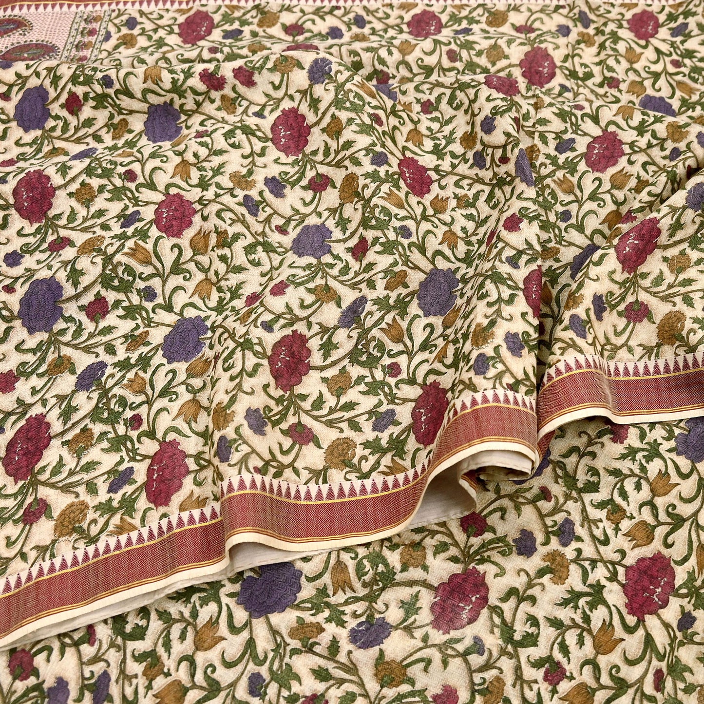 Indian Vintage Sari Maoon & Beige Pure Woolen Woven Printed Sarees Soft Warm Craft Fabric 5Yd Floral Dress making Crafting For Winter Soft