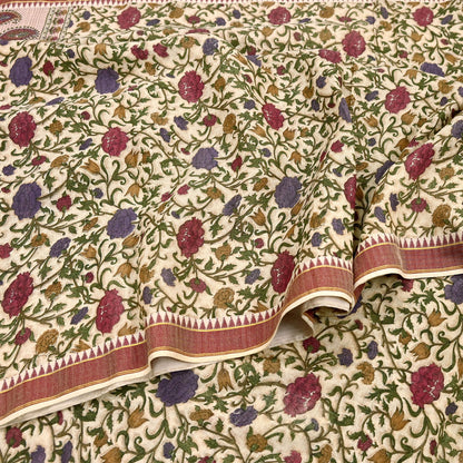 Indian Vintage Sari Maoon & Beige Pure Woolen Woven Printed Sarees Soft Warm Craft Fabric 5Yd Floral Dress making Crafting For Winter Soft