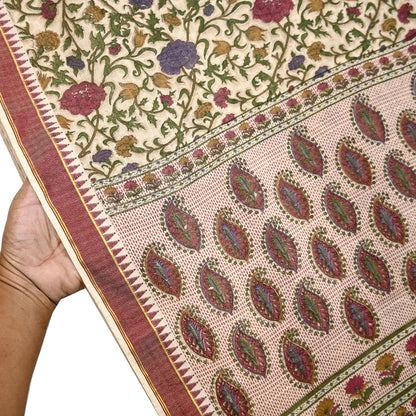 Indian Vintage Sari Maoon & Beige Pure Woolen Woven Printed Sarees Soft Warm Craft Fabric 5Yd Floral Dress making Crafting For Winter Soft