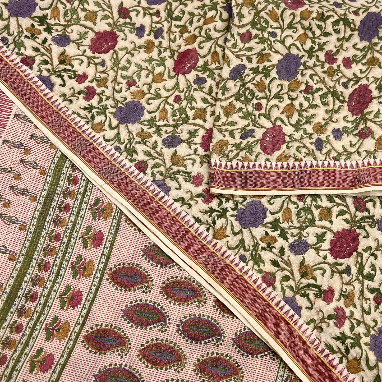 Indian Vintage Sari Maoon & Beige Pure Woolen Woven Printed Sarees Soft Warm Craft Fabric 5Yd Floral Dress making Crafting For Winter Soft