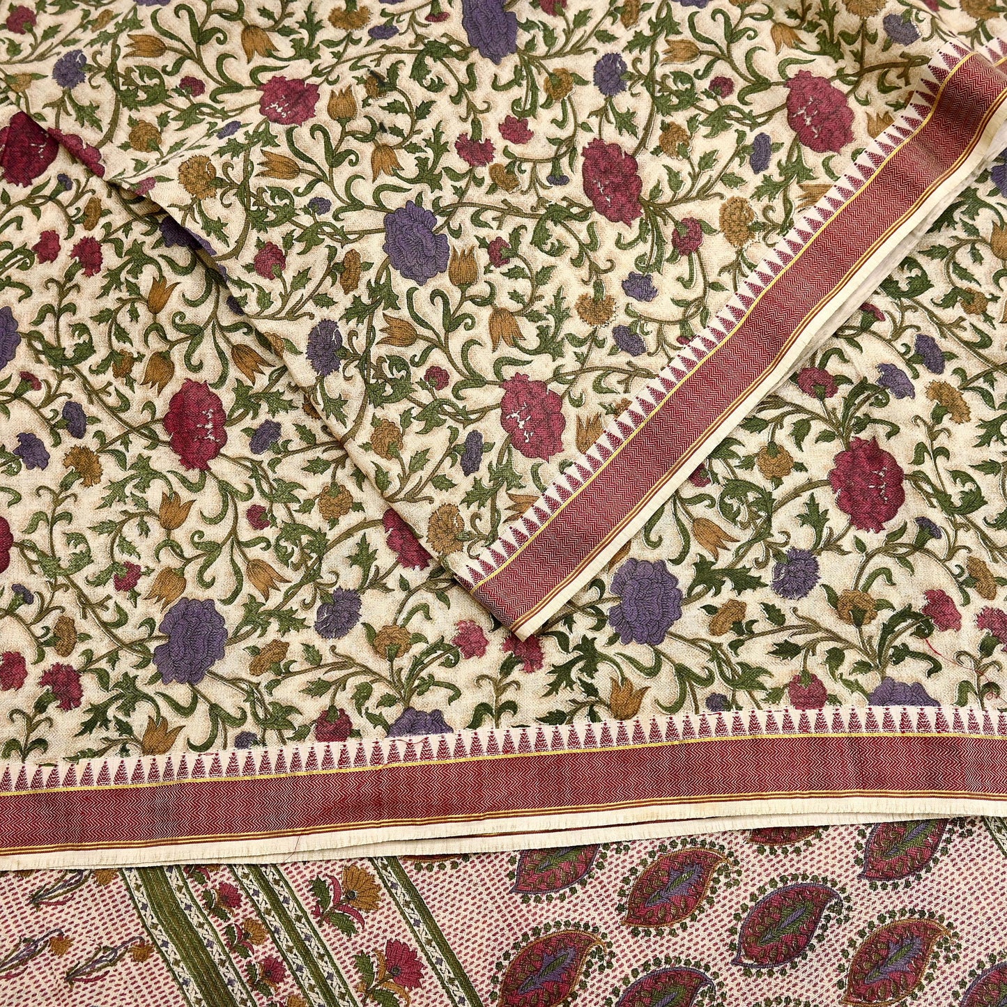 Indian Vintage Sari Maoon & Beige Pure Woolen Woven Printed Sarees Soft Warm Craft Fabric 5Yd Floral Dress making Crafting For Winter Soft