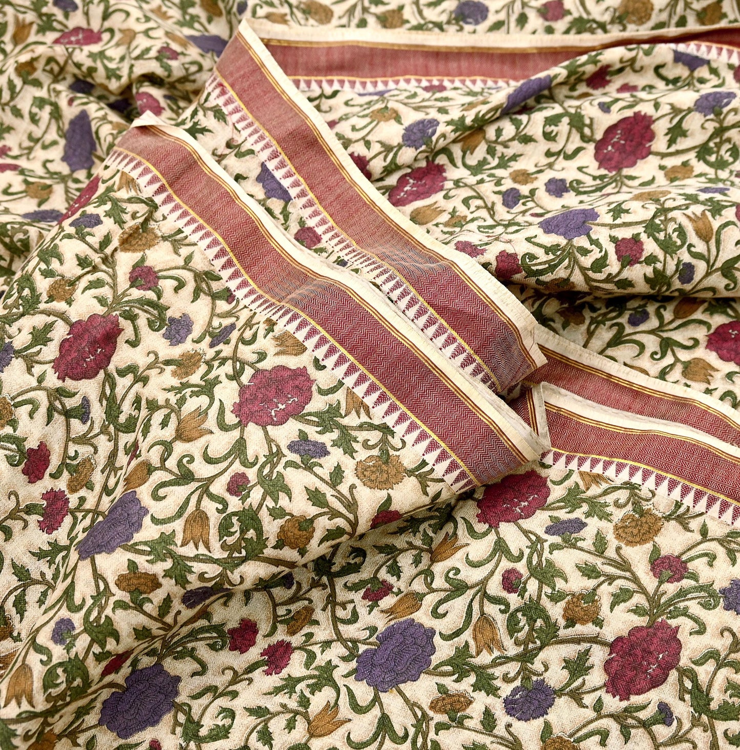 Indian Vintage Sari Maoon & Beige Pure Woolen Woven Printed Sarees Soft Warm Craft Fabric 5Yd Floral Dress making Crafting For Winter Soft