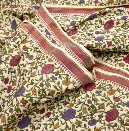 Indian Vintage Sari Maoon & Beige Pure Woolen Woven Printed Sarees Soft Warm Craft Fabric 5Yd Floral Dress making Crafting For Winter Soft