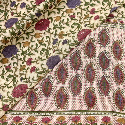 Indian Vintage Sari Maoon & Beige Pure Woolen Woven Printed Sarees Soft Warm Craft Fabric 5Yd Floral Dress making Crafting For Winter Soft