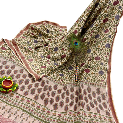 Indian Vintage Sari Maoon & Beige Pure Woolen Woven Printed Sarees Soft Warm Craft Fabric 5Yd Floral Dress making Crafting For Winter Soft