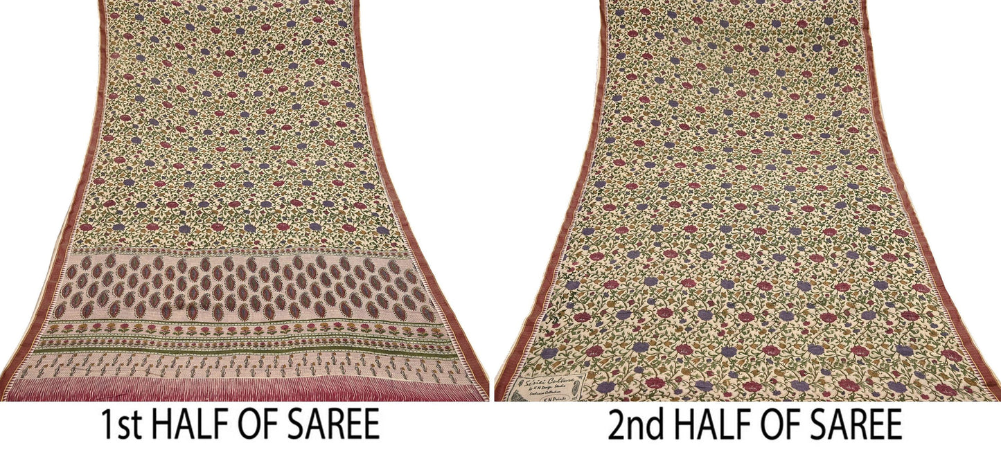 Indian Vintage Sari Maoon & Beige Pure Woolen Woven Printed Sarees Soft Warm Craft Fabric 5Yd Floral Dress making Crafting For Winter Soft