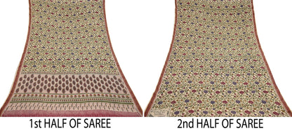 Indian Vintage Sari Maoon & Beige Pure Woolen Woven Printed Sarees Soft Warm Craft Fabric 5Yd Floral Dress making Crafting For Winter Soft