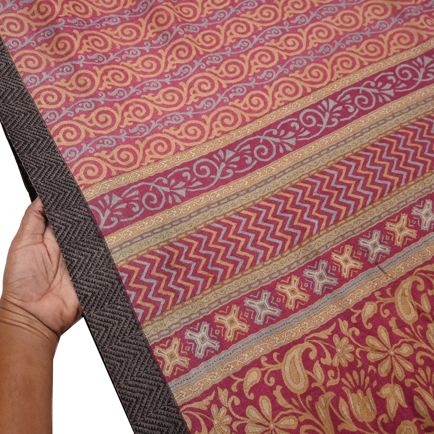 Indian Vintage Saree Pink & Beige Pure Woolen Woven Printed Sari Soft Warm Fabric 5Yard Floral Woven Border