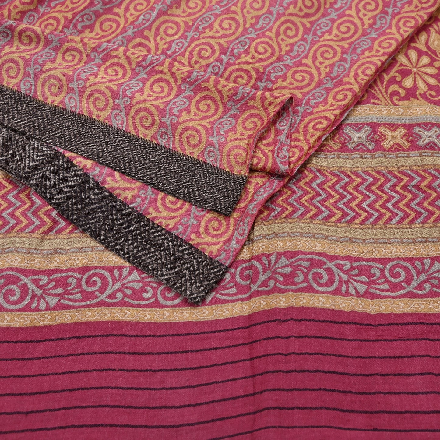 Indian Vintage Saree Pink & Beige Pure Woolen Woven Printed Sari Soft Warm Fabric 5Yard Floral Woven Border