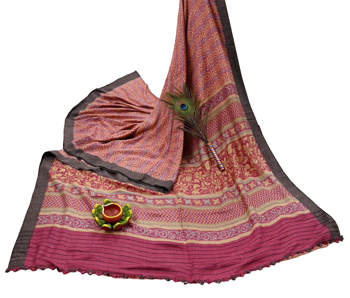 Indian Vintage Saree Pink & Beige Pure Woolen Woven Printed Sari Soft Warm Fabric 5Yard Floral Woven Border