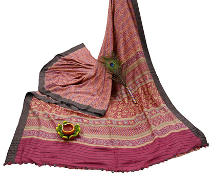 Indian Vintage Saree Pink & Beige Pure Woolen Woven Printed Sari Soft Warm Fabric 5Yard Floral Woven Border