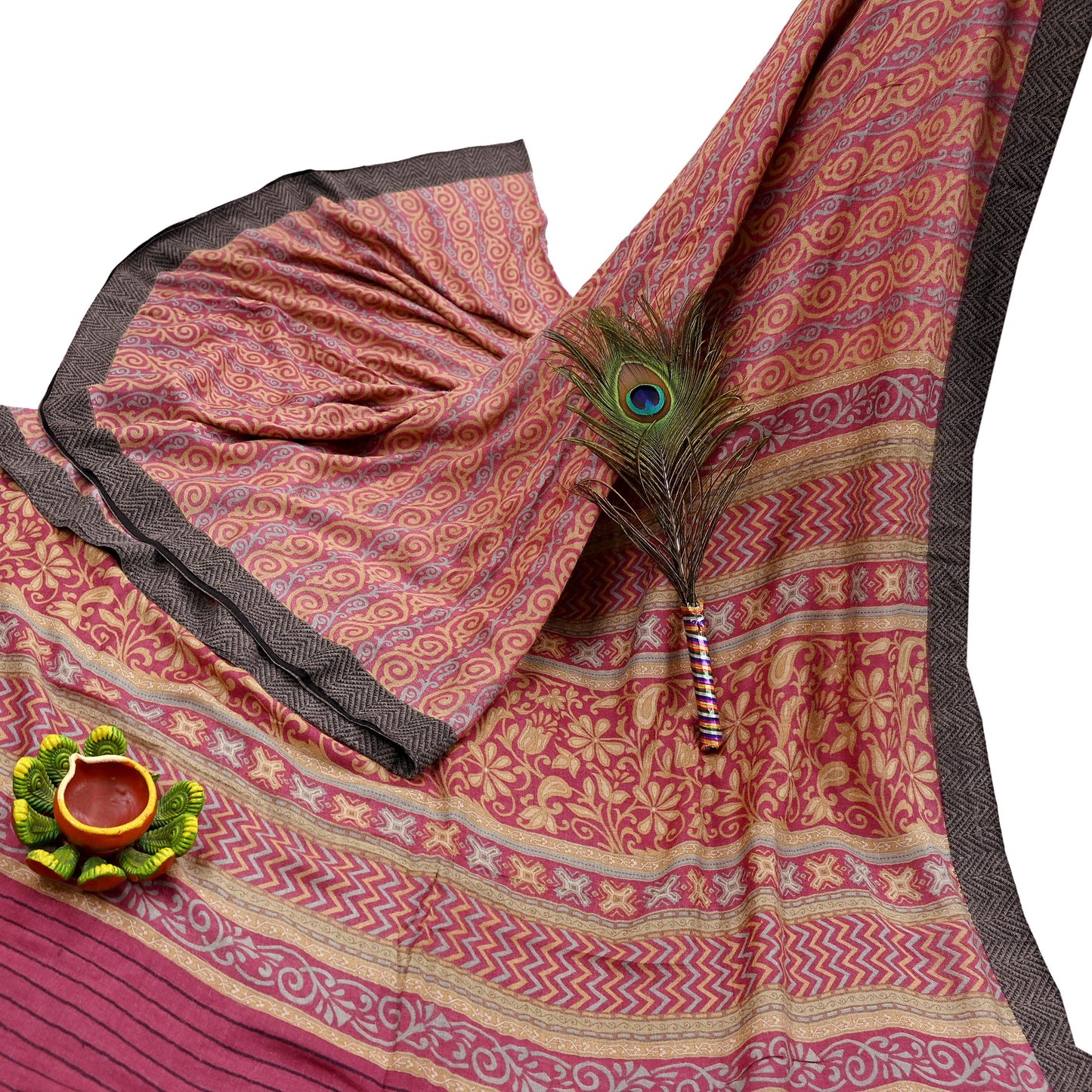 Indian Vintage Saree Pink & Beige Pure Woolen Woven Printed Sari Soft Warm Fabric 5Yard Floral Woven Border