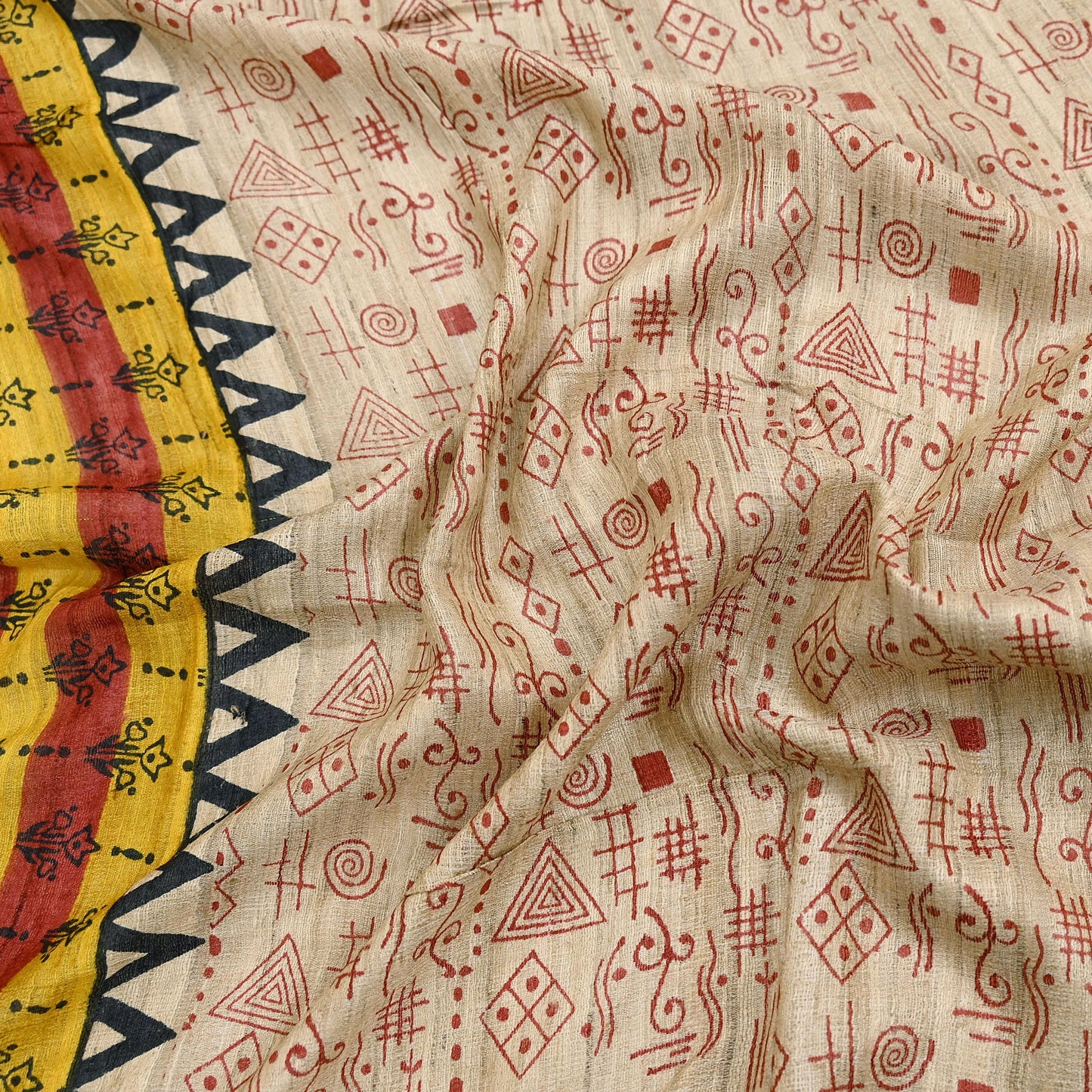 Indian Vintage Beige Dupatta Long Stole 100% Pure Khadi Silk Hand Woven/ Printed Scarves Veil Scarf Wrap Hippie Fringes