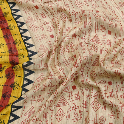 Indian Vintage Beige Dupatta Long Stole 100% Pure Khadi Silk Hand Woven/ Printed Scarves Veil Scarf Wrap Hippie Fringes