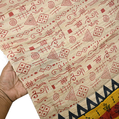 Indian Vintage Beige Dupatta Long Stole 100% Pure Khadi Silk Hand Woven/ Printed Scarves Veil Scarf Wrap Hippie Fringes