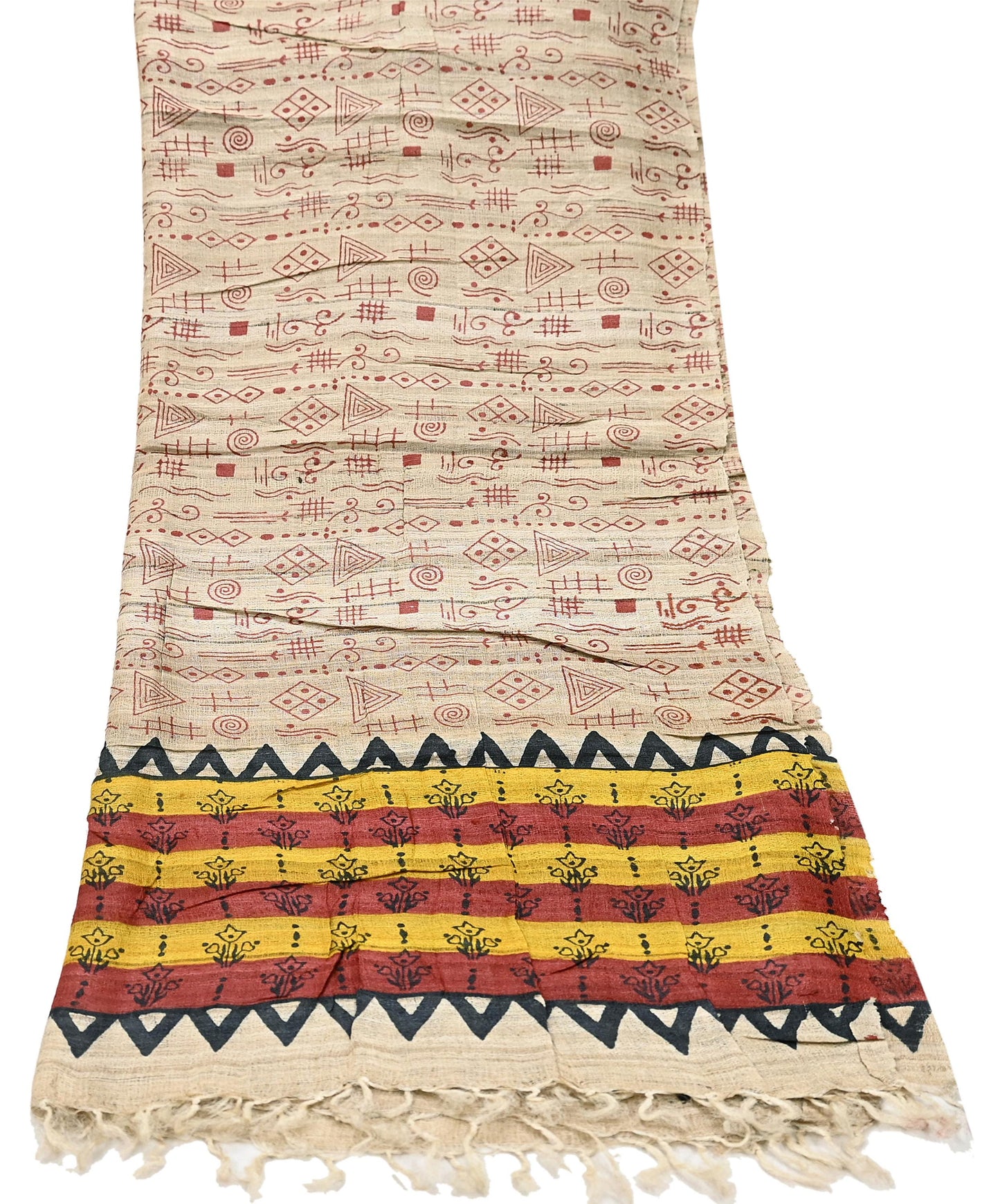 Indian Vintage Beige Dupatta Long Stole 100% Pure Khadi Silk Hand Woven/ Printed Scarves Veil Scarf Wrap Hippie Fringes