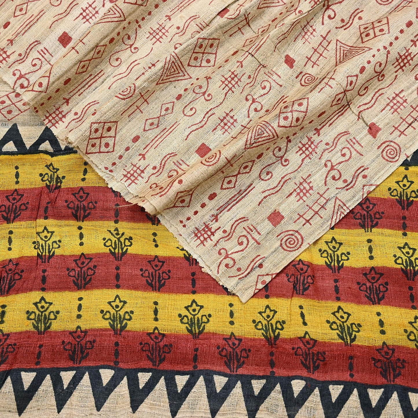 Indian Vintage Beige Dupatta Long Stole 100% Pure Khadi Silk Hand Woven/ Printed Scarves Veil Scarf Wrap Hippie Fringes